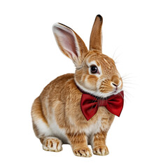 A charming brown rabbit wearing a red bow tie against a black background in a portrait style image