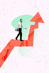 Banner image zine art pop trend collage of serious businessman walk arrow pointer direction aim achievement job promotion