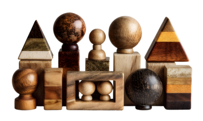 Wooden puzzles collection with knob handles and geomtric shapes, natural toy peces designed for childrenlearning and play, isolate presentation with educatinal set for early developmnt concept