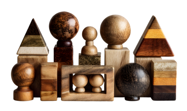Wooden puzzles collection with knob handles and geomtric shapes, natural toy peces designed for childrenlearning and play, isolate presentation with educatinal set for early developmnt concept
