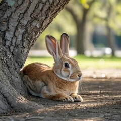 Fototapeta premium A light brown rabbit resting near the base of a tree with a blurred green background in the daytime