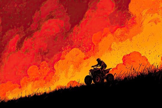 Silhouette of ATV rider in fiery sunset landscape