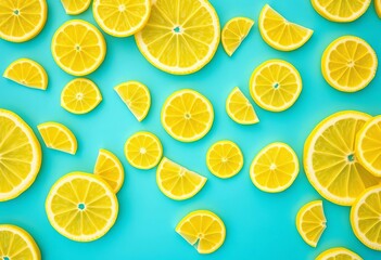 Fototapeta premium Vibrant yellow lemon slices patterned on a serene blue background, repeat, colorful