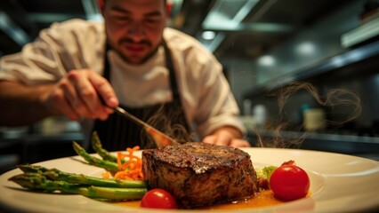 Chef arranging gourmet grilled steak dinner with asparagus and cherry tomatoes