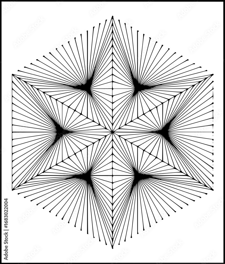 Poster striking geometric pattern with radial lines creating a modern, abstract, optical illusion effect