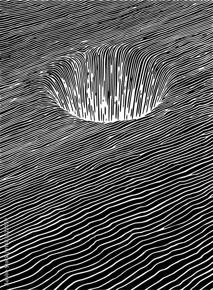 Poster abstract black and white vortex graphic with flowing lines creating depth and motion