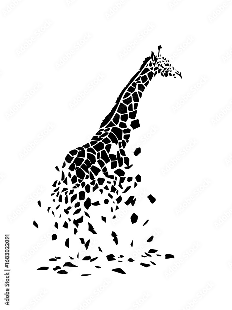 Poster dynamic giraffe silhouette dissolving into abstract shards creating a striking modern art piece