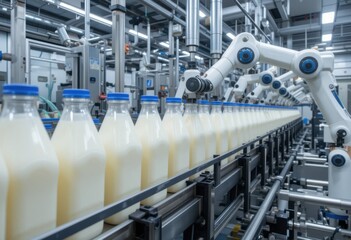 Planta embotelladora de lácteos de alta tecnología donde brazos robóticos sellan los envases de leche