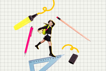 Trend composite sketch template 3D collage of schoolgirl run triangle ruler pen pencil marker draw student learn lesson classroom college