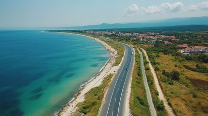 Coastal Road Aerial View of Seaside Town