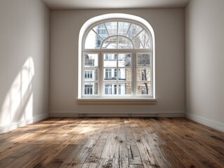 Obraz premium An empty room with a large arched window, showcasing a view of an urban neighborhood, and a warm wooden floor.