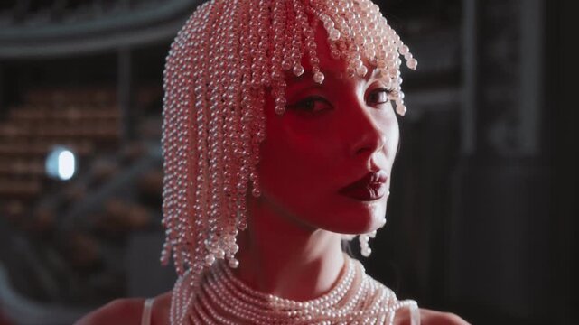 A fashion model with dramatic makeup and a pearl headpiece poses under red and blue lighting, adorned with layers of pearls.