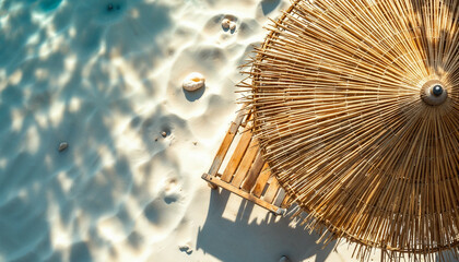 Obraz premium Top-down close-up of a straw beach umbrella with sun lounger on sand 