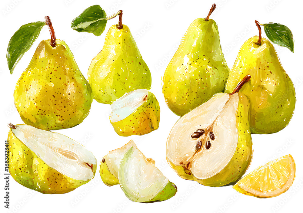 Aufkleber whole and sliced pears isolated on transparent backgound; pear set includes gren-yellow fruits with 