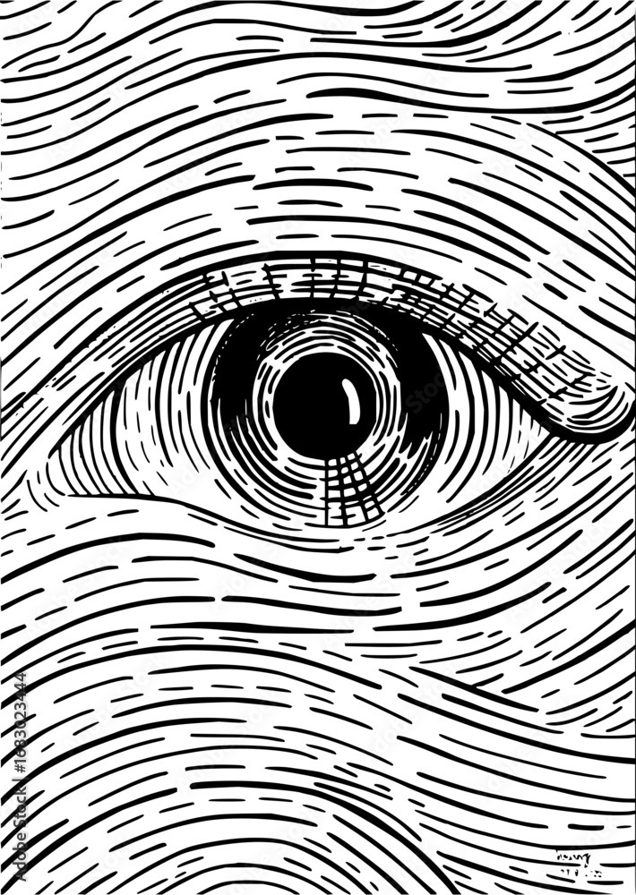 Poster intense black and white eye drawing with abstract wavy lines creating a bold graphic statement