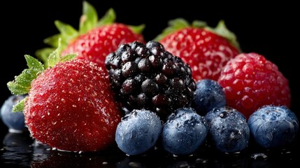 Closeup of mixed berries strawberries blueberries raspberry and blackberry with water droplets against a dark background