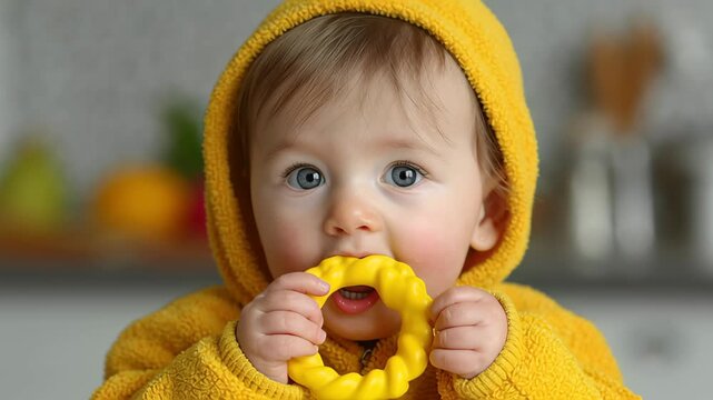 A curious baby with a yellow teether is in focus, hinting at early childhood development and the exploration of sensory play.