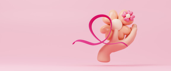 National breast cancer awareness campaign banner background with pink ribbon. Pink October. Breast cancer awareness month every year in October. Support, help, health, disease, hope. 3d rendering