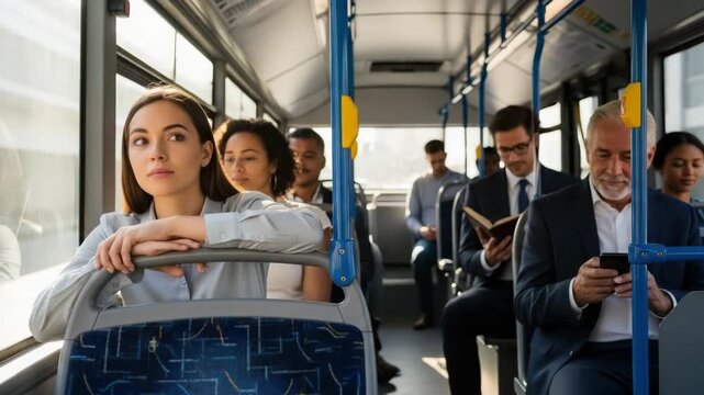 Urban bus interior with people. Diverse group travels on urban bus, including business woman, elderly man, and other commuters. Urban bus concept for transportation ads, city life illustrations,