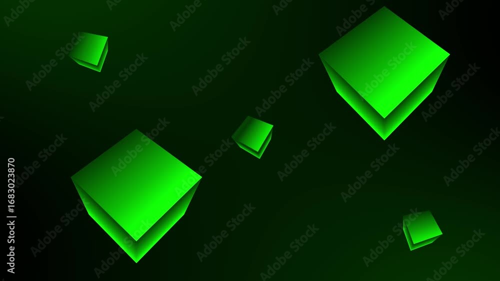 Poster abstract futuristic background with glowing green 3d cubes floating in dark space, representing tech