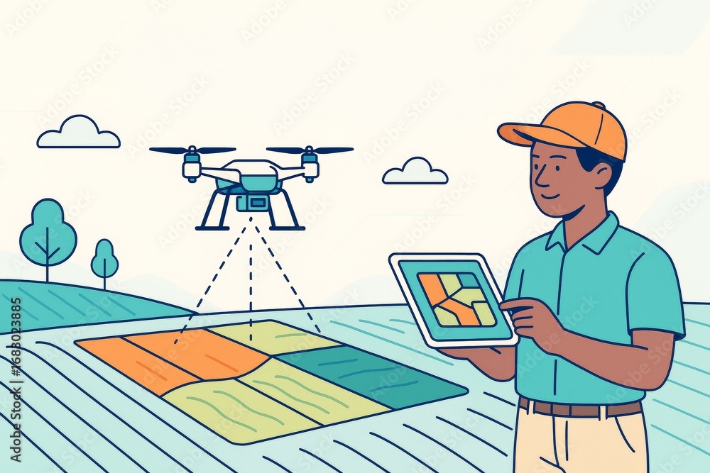 Poster Smart farming with drone and tablet technology in use on digital field map by farmer on abstract light background in modern agriculture concept. Ai generative