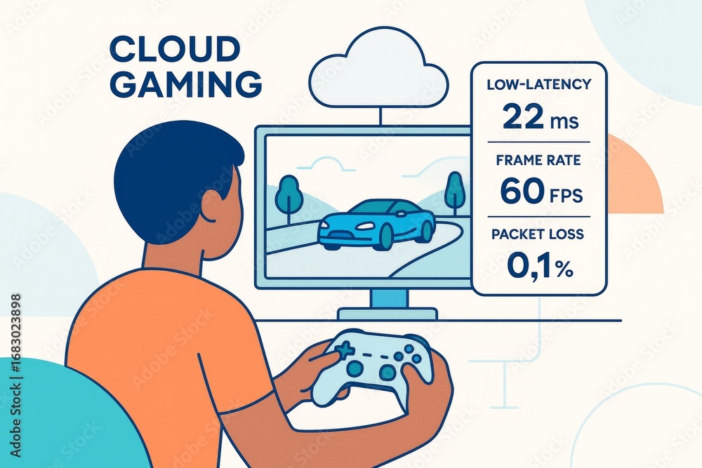 Poster cloud gaming concept showing person playing racing game on screen with low latency and high frame ra