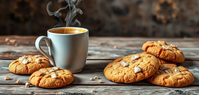 Warm coffee steaming, crumbly cookies on rustic wood, rustic, coffee