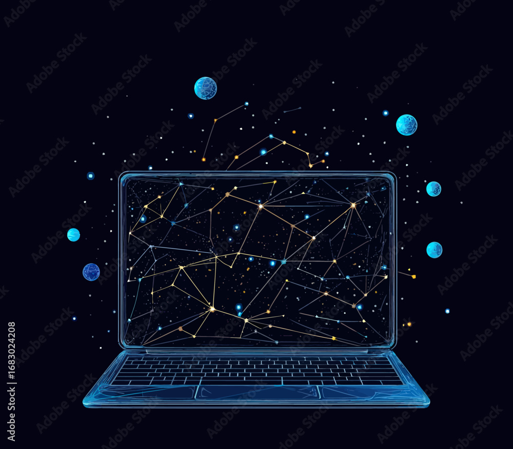 Poster futuristic laptop with digital constellation network and glowing planets floating in space technolog
