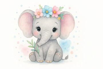 Naklejka premium Cute watercolor baby elephant with flower crown illustration isolated on white