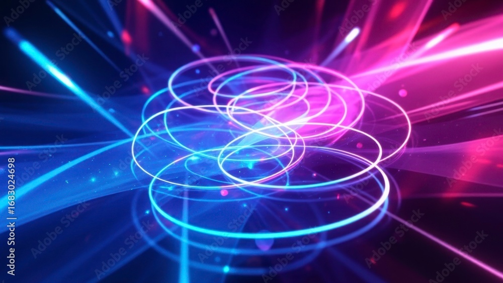 Aufkleber glowing neon circles rotating and creating energy flows in digital space