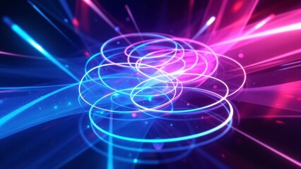 Glowing neon circles rotating and creating energy flows in digital space