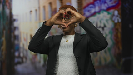 Young woman wearing glasses and blazer forming heart shape with hands in urban graffiti street; love connection.