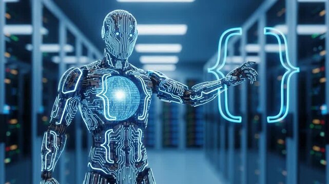 Robotic coding represented by humanoid robot figure with glowing programming symbols, and server room in background. Robotic coding has changed many areas of computer science and AI. - Powered by Adobe