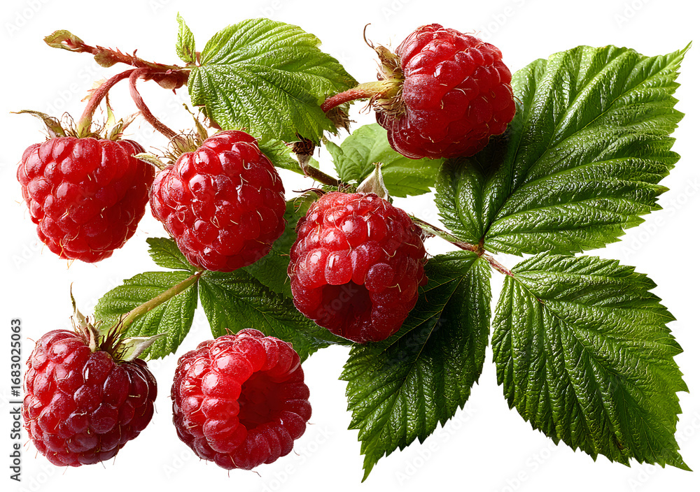 Poster whole raspberries and leafy stems isolated on transprent background; raspberryset includes bright re