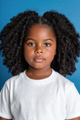 young Black girl with a serious expression and large, curly hair, wearing a white shirt against a blue background