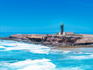Jandia, Fuerteventura Spain, May 07, 2025; Beautiful aerial panoramic image of Jandia lighthouse and landscape, Fuerteventura, Canary Islands, Spain