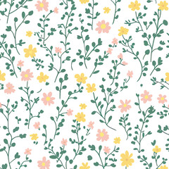 Seamless floral pattern with small pastel pink and yellow flowers and green leafy stems on white background vector illustration for textile design and spring themes
