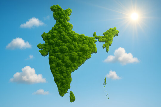 India map eco green nature concept, environmental conservation geography, sustainable country illustration, ecology planet earth care, renewable energy future climate action, clean environment tree fo - Powered by Adobe