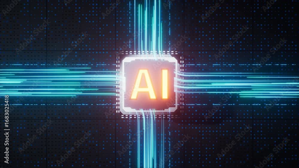 Aufkleber circuit board and core with artificial intelligence concept, 3d rendering.