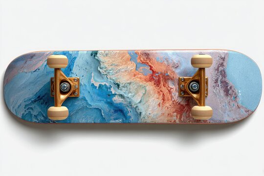 Flatlay of a skateboard with a marbled design
