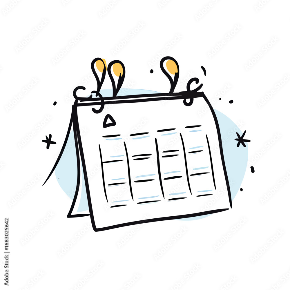 Poster hand drawn doodle style desk calendar with week layout and date reminder icons in minimalist vector 