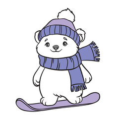 Funny polar bear in purple hat and scarf riding snowboard. Winter sports vector illustration for festive, outdoor and holiday design projects.