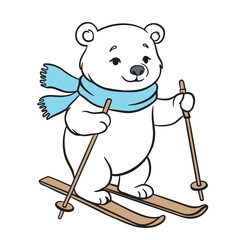 Smiling polar bear in blue scarf skiing downhill. Cute winter sports vector illustration perfect for Christmas, New Year and holiday projects.