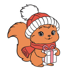 Cute squirrel in red hat and scarf holding a festive gift box with ribbon. Perfect winter and Christmas vector illustration for holiday design