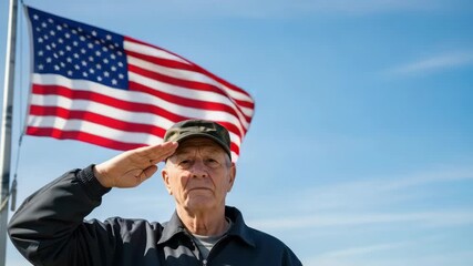 Senior veteran saluting against waving American flag on Veterans Day observed annually to show respect. Veteran saluting to honor and gratitude for service in military, showing patriotism.