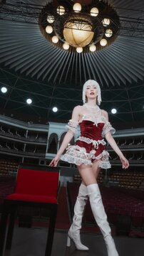 Stylish female model poses on an empty theatre stage. She wears a red velvet and white lace dress with white platform boots.