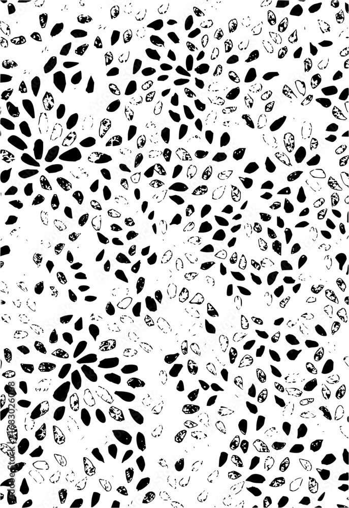 Poster abstract black and white organic pattern with scattered petal shapes creating a dynamic, modern desi