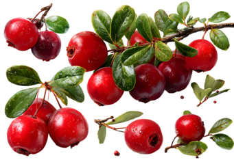 Whole lingonberries and leafy clusters isolated on tansparent background; lingnberry set includes vibran red berries and green folage for forest, culinary, r wellness themes