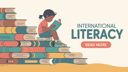 A girl reading a book while sitting on a stack of books with international literacy text on the side