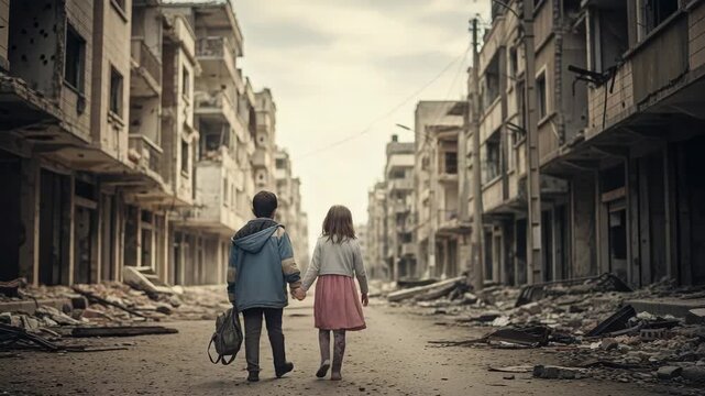 Children in war setting with destroyed buildings, showcasing resilience. War's children find strength in each other amidst devastation, a poignant scene of hope and solidarity.